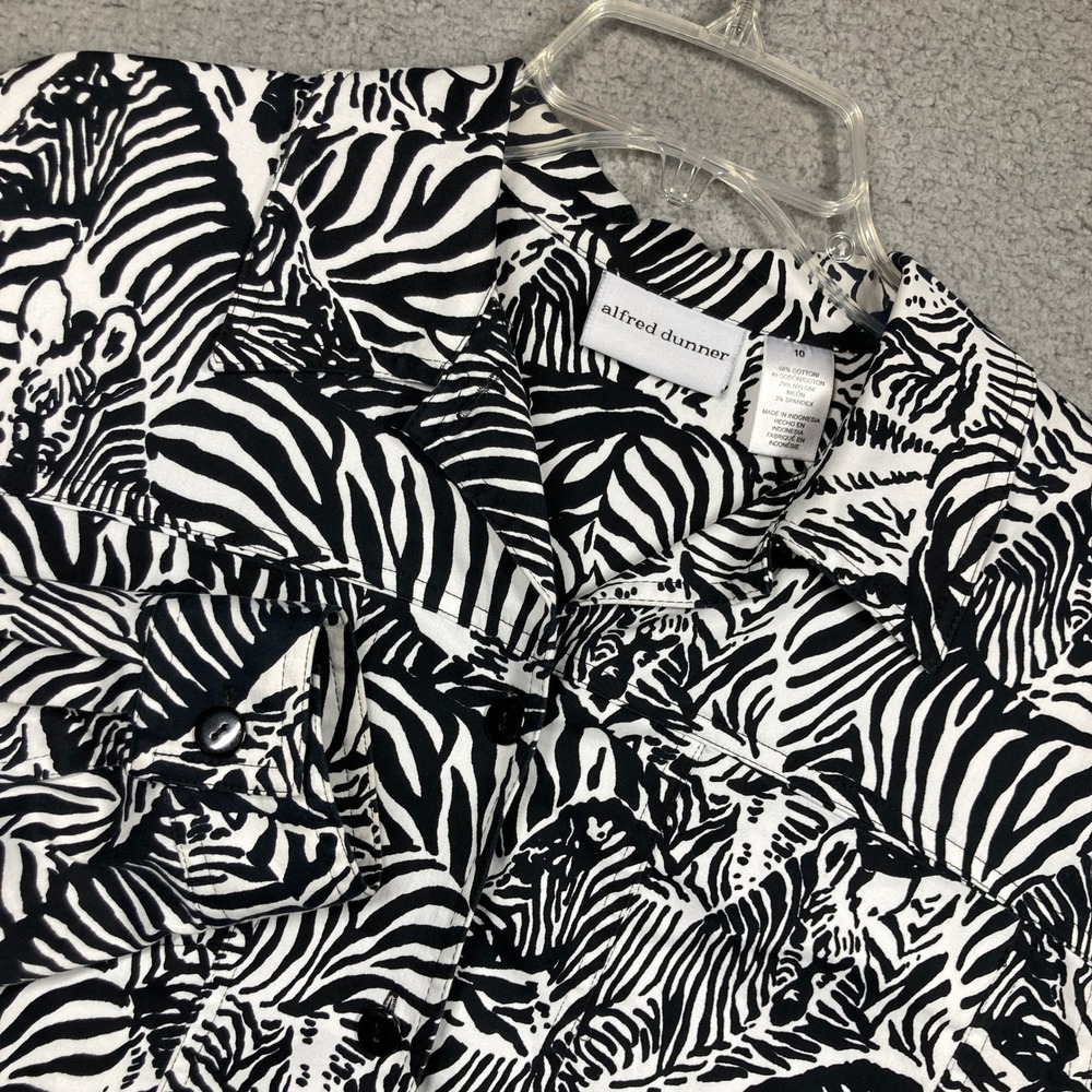 Alfred Dunner Zebra Print Jacket Women 10 Black White Cotton Blend Button Front